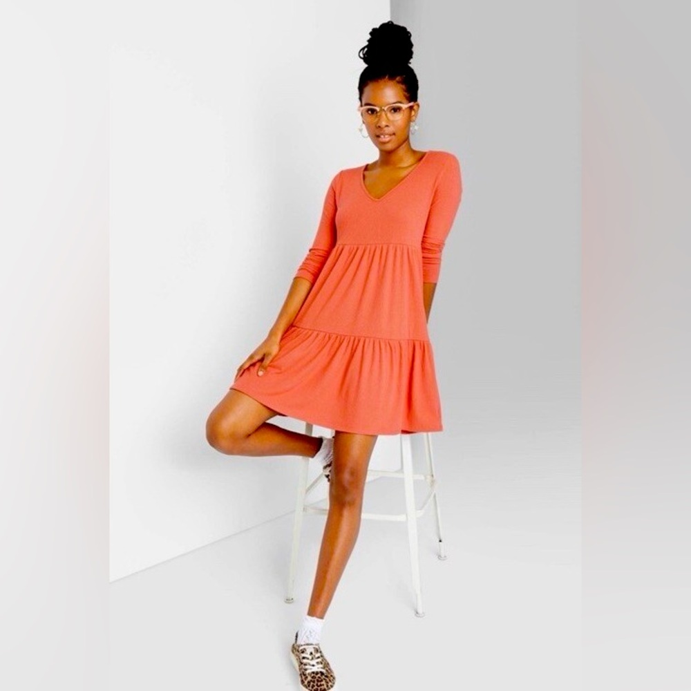 Wild Fable Women's Brushed Rib-Knit Tiered Dress Bright Coral Size L